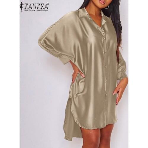 2021 ZANZEA Summer Shirt Dress Stylish Women Asymmetrical Mini Sundress Casual Elegant Lapel Neck Long Sleeve Solid Vestidos 7