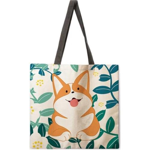 Forest Corgi Linen Tote Bag Beach Bag Ladies Shoulder Bag Foldable Shopping Bag Reusable Fashion Bag