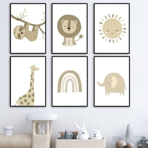 Cute Giraffe Lion Elephant Sloth Sun Rainbow Nursery Wall Art Print Canvas Painting Nordic Poster Decor Pictures Baby Kids Room