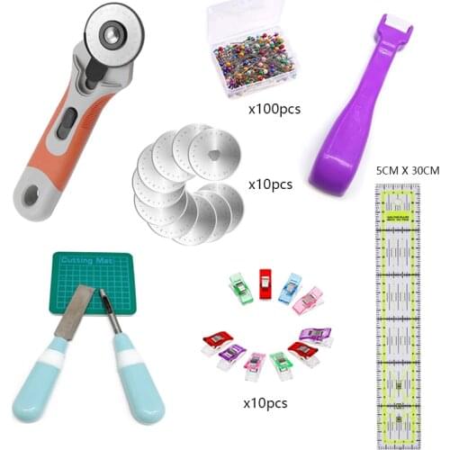 27Pcs 45mm Fabric Rotary Cutter Kits with 10 Replacement Blades &Sewing Clips & Patchwork Ruler for Quilting Craft