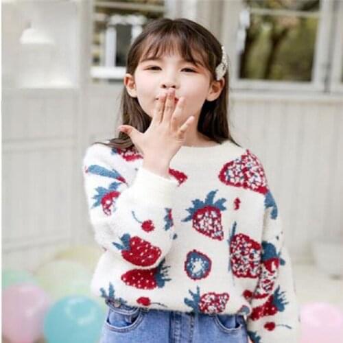 2021 New Fur Spring Winter Sweater Baby Girls Coat Kids Childrens Warm Plus Velvet Thicken Outwear Top Beige Strawberry Print