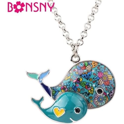 Bonsny Statement Enamel Alloy Lovely Whale Necklace Pendant Chain Collar Unique Animal Jewelry For Women Girls Gift Party Bijoux