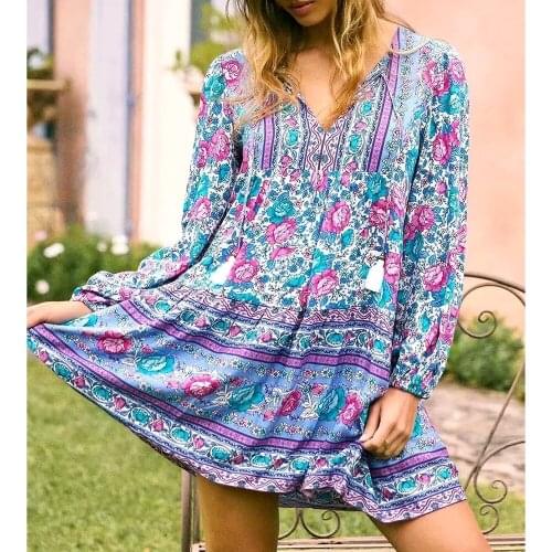 GypsyLady Floral Print Mini Dress Bohemain Sexy Summer Dresses for Women Long Sleeve Tassels Ruffles Holiday Beach Ladies Dress