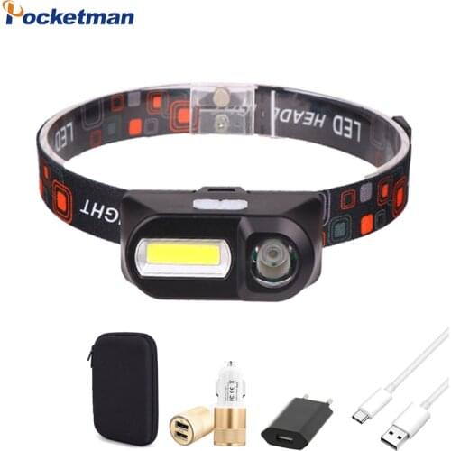 Portable LED Headlamp USB Rechargeable XPE+COB Waterproof Headlight Torch Use 18650 Battery Suitable Camping Fishing Head Lamp