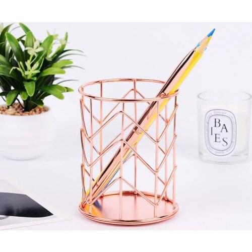 Simple Sytle Gold Pen Holder Metal Art Cylinder Desk Storage Makeup Box Stationary Accessory Organizer