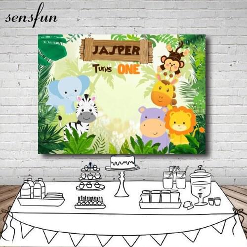 Sensfun Cartoon Animals Safari Party Photography Backdrop Tropical Tree Backgrounds Photo Studio Custom Name Years 7x5FT Vinyl