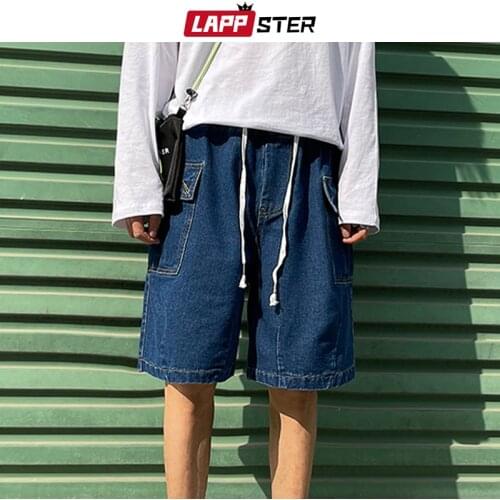 LAPPSTER Men Vintage Patchwork Jeans Shorts 2021 Summer Mens Japanese Streetwear Harajuku Cargo Denim Shorts Man Running Joggers