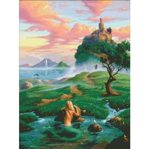 Needlework,Mermaid by the lake people embroidery,DIY 14CT Unprinted Cross stitch kits,Pattern counted Cross-Stitching decor