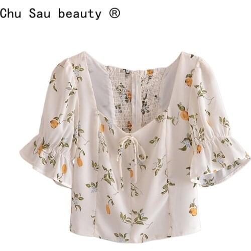 2021 Summer Short Sleeve Square Neck Puff Sleeve Slim Vintage Casual Lemon Print Short Blouse Crop Top Women