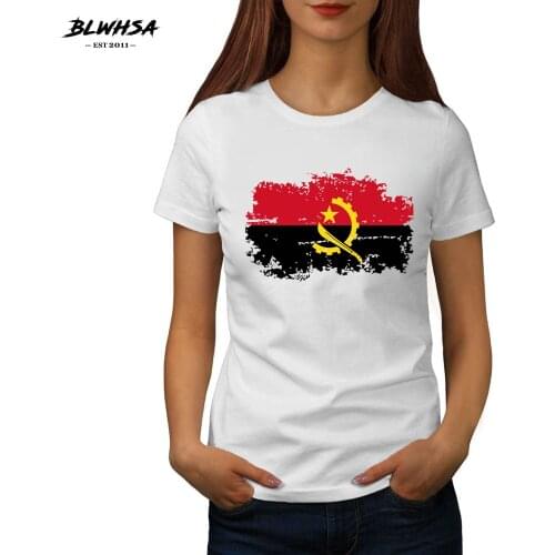 BLWHSA New Arrival Women Summer T-shirt Casual O-Neck Angola National Flag TShirt Female White Cotton Basic Tee Top