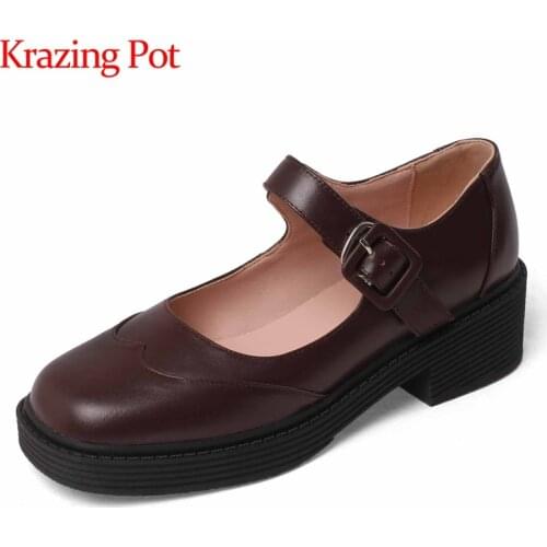 Krazing Pot british school full grain leather Mary janes vintage square toe thick med heel buckle straps maiden women pumps L58
