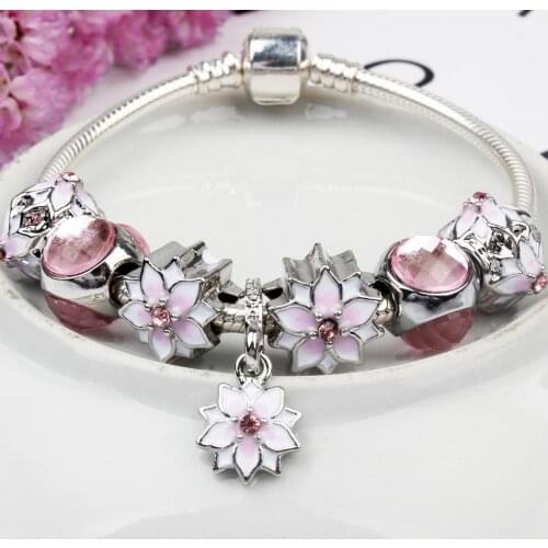SZELAM 2019 Pink Magnolia Flower Bracelets&Bangles For Women Jewelry Crystal Bracelet Charms Silver Custom Bracelet SBR190342