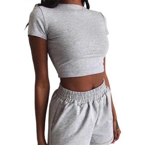 Womens 2-Piece Outfit Set Cozy Sport Fitness Set Solid Color Round Neck Crop Short Sleeve Top Short High Waist Pants Set