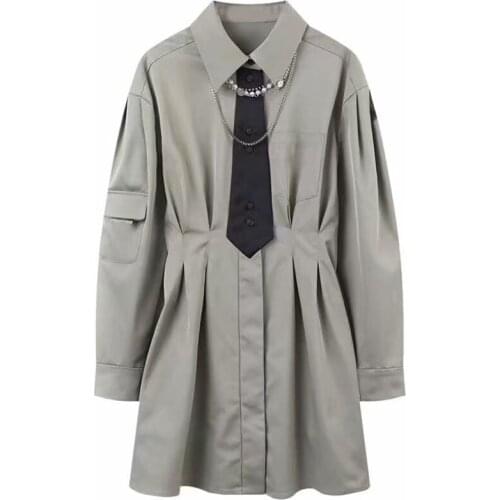 New Designer Women Shirt Dress Long SLeeve Turn Down Collar Beading With Tie Female Fashion Slim Casual Street Wear Dresses