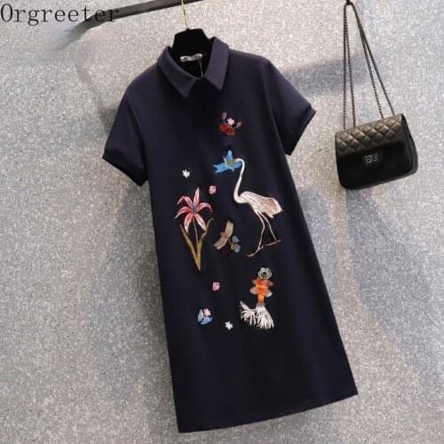 Plus size Summer Shirts Dresses Women Lapel Animal Embroidery Knee-length Dresses Chinese Style Casual Straight Dress for Women