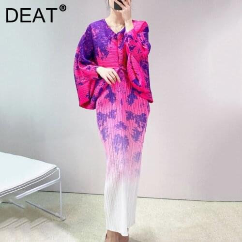 DEAT Woman Midi Pleated Dress V Collar Elastic Waist Print Gradient Batwing Sleeve Dresses Casual Style 2021 New Summer 15XM780