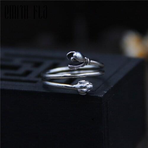 Genuine 925 Sterling Silver Female Vintage Open Rings Bridal Sets Lotus Design Fashion Jewelry For Women Opening Adjustable Ring
