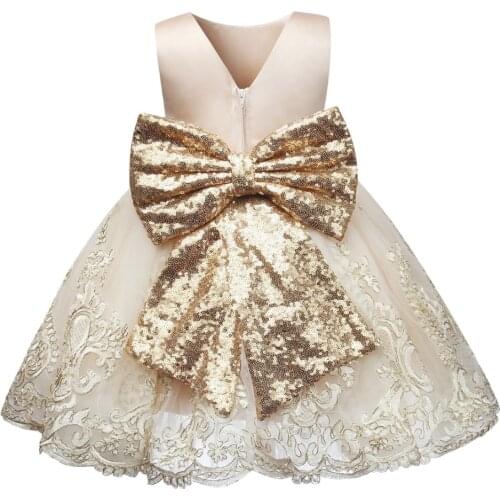 Golden Sequined Bow Infant Christening Gowns Tutu 1 Year Baby Girl Birthday Dresses Infant Baptism Gown