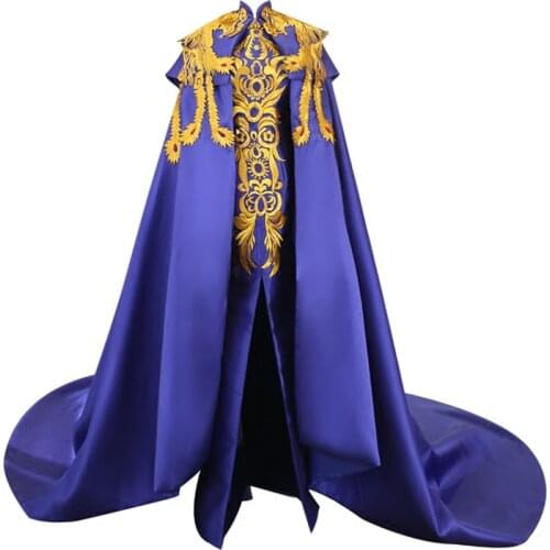 100%real luxury royal blue golden peacock/phoenix golden embroidery beading long cloak with dress gown cosplay/studio/stage