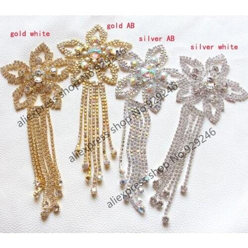 2pcs/lot Sewing On star crystal Rhinestone Applique with tassel fringe Silver gold ab Crystal Color DIY Wedding Evening Dress