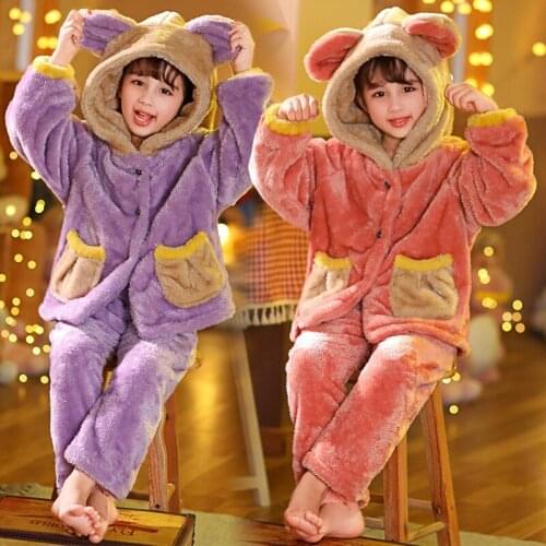 MudiPanda 2021 Girls Pajamas Set For Children Boy Winter Hooded Pajamas Set Baby Home Clothes Flannel Pyjamas Kids 2-14 Years