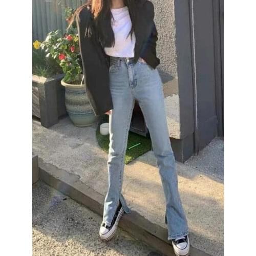 2021 Y2K 90s Vintage High Waist Hem Cuff Slit Jeans Women Denim Pants Slim High Street Casual Long Trousers