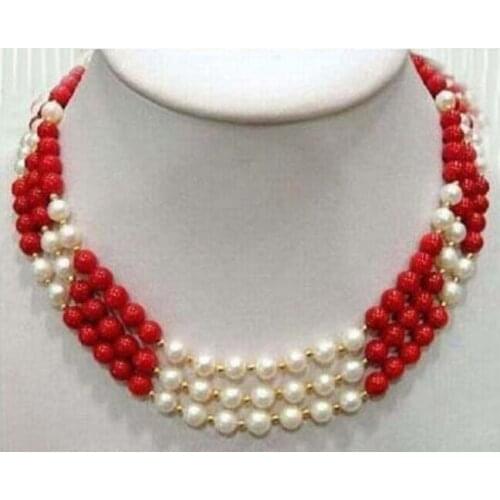 3 Rows Real White Pearl Red Coral 18KGP Clasp Necklace 17:-19" Factory Wholesale price Women Gift word Jewelry
