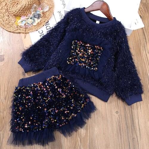 Autumn Winter Children Girls Clothing 2 Piece Set Sequins Plush Plus Velvet Round Collar Sweater+Shorts Girls Outfit 3-7T