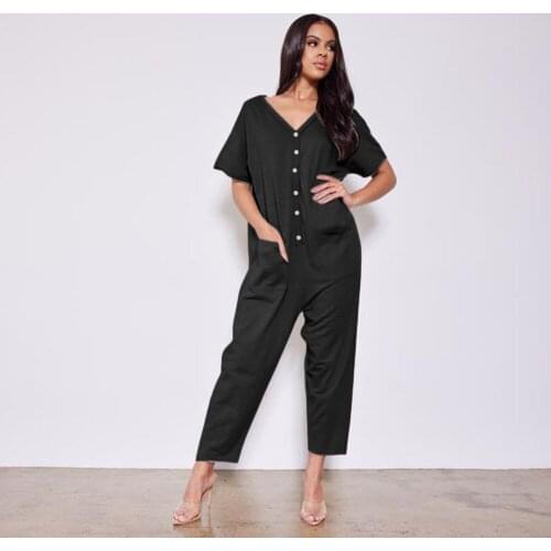 V Neck Short Sleeve Casual One Piece Overall Front Button Loose Jumpsuit with Two Side Pocket Womens Romper Ninth Harem Pants