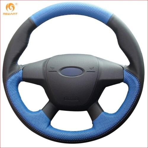 MEWANT Black Blue Genuine Leather Car Steering Wheel Cover for Ford Focus 3 2012-2014 KUGA Escape 2013-2016 Accessories Parts