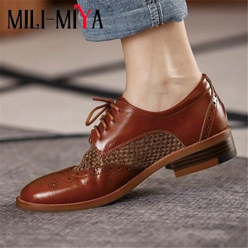 MILI-MIYA Fashion Breathable Weave Microfiber Women Cow Leather Lace Up Pumps Thick Heels Office Career Shoes Handmade For Lady