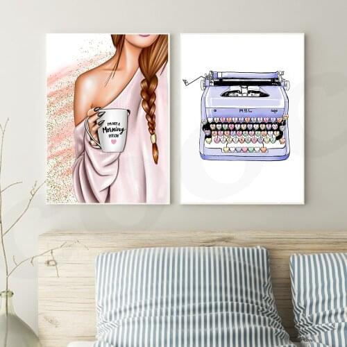 Fashion Morning Girl Canvas Painting Posters and Prints Cute Heart Typewriter Picture Living Room Art Wall Home Decoration