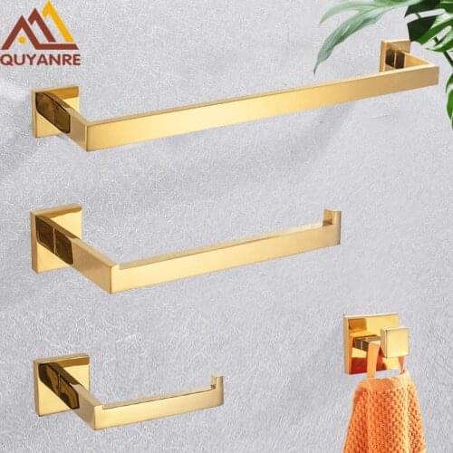 Polished Gold Bathroom Hardware Set Stainless Steel Robe Hook Towel Bar Toilet Roll Paper Holder Towel Ring Bathroom Accessories