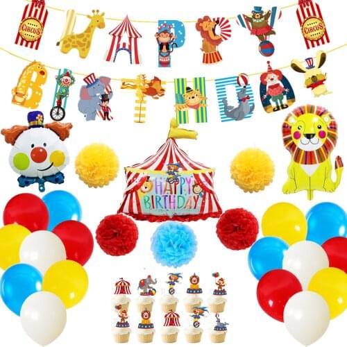 25pcs Birthday Set Circus Balloon Banner Circus Flag Pull Paper Fan Carnival Clown Balloon Family Decoration Party Decoration