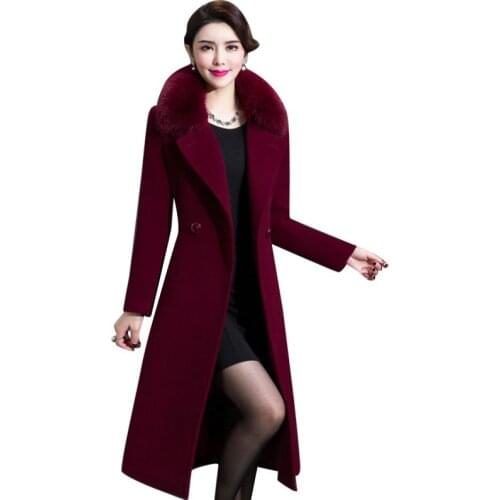 Autumn winter womens woolen coats fashion thicken Slim middle long fur collar cashmere windbreaker coat womens plus size 4XL