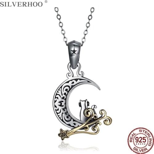 SILVERHOO 925 Sterling Silver Pendant Necklaces For Women Retro Moon Elements Necklace Anniversary Simple Gift Jewelry Hot Sale