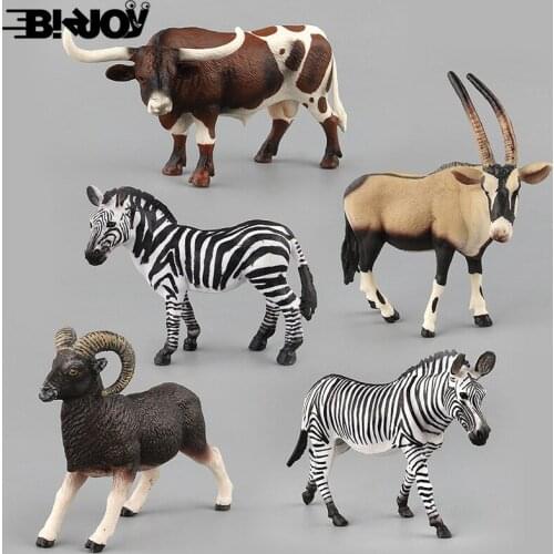 Grassland Wild Animal Bison Antelope Argali Zebra Model Home Decoration Set PVC Action Figure Education Kid Children Toys Gifts