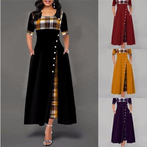 Elegant Midi Dress for Women Summer Half Sleeve Plaid Print Button Long Dresses Female Casual Patchwork Irregular Party Dress