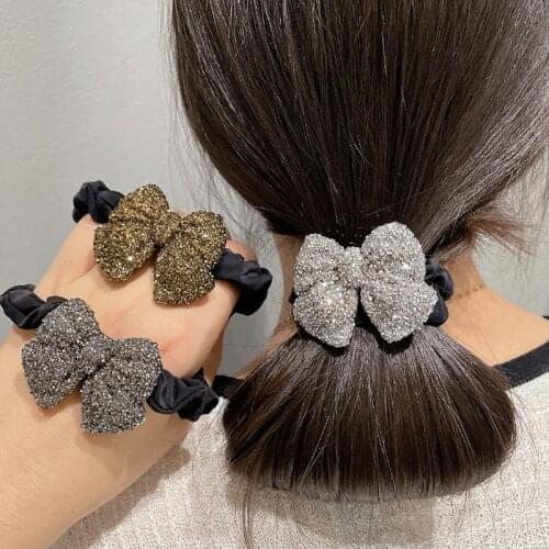 New Arrival Fashion Hair Bow Ponytail Holder Korean Shiny Rhinestone Bow Elastic Hair Band Women Crystal Rubber Band Wholesale