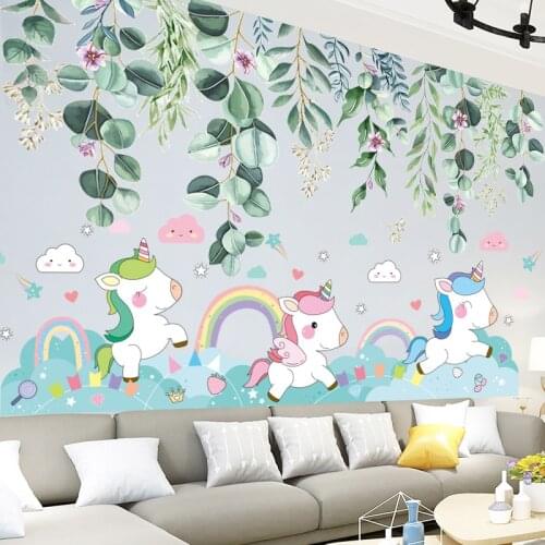 [shijuekongjian] Cartoon Animal Wall Stickers DIY Green Plant Leaves Mural Decals for Living Room Kids Bedroom House Decoration