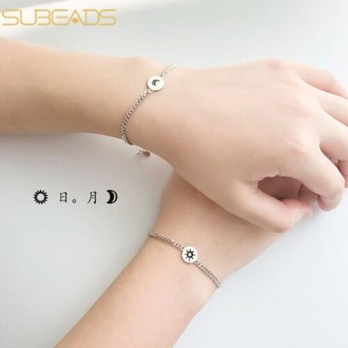 Subeads 925 Sterling Silver Sun & Moon Charms Bracelet For Couple Lover Friend Simple Original Link Chain Bracelet Jewelry