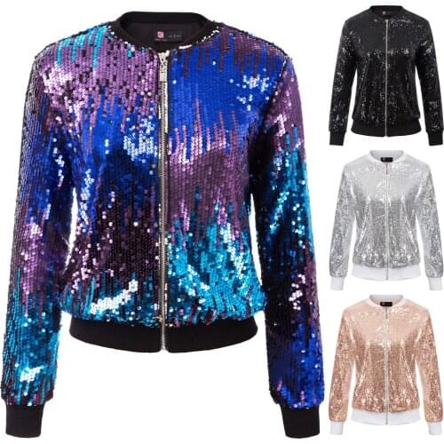 Kate Kasin Women Sequin Jacket Coat Long Sleeve Zipper Sparkling Jacket Lady Casual Outwear Fashion Glitter Streetwear KC000097