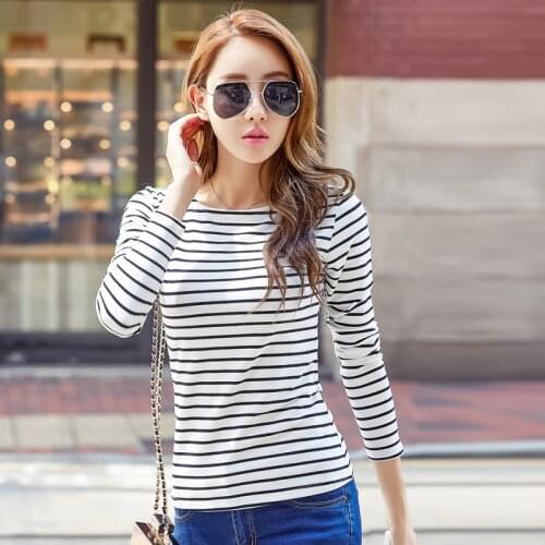 Women Cotton T Shirt New 2021 Autumn Long Sleeve O-Neck Striped Skinny Casual Tops Summer Camiseta Mujer 3XL Plus Size