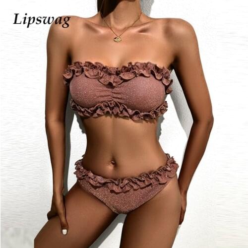 2021 Sexy Strapless Lace Solid Swimsuit Bikini Two Piece Metal Wire Women Bandeau Swimwear Push Up Summer Beachwear Bathing Suit