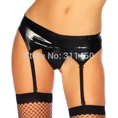 Adult Women Sexy Fetish Liquid PVC Vinyl Garter Belt Wet Look Suspenders with Matching Thong Night Club Party Lingerie Set