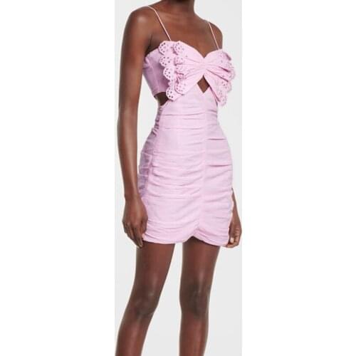 2021 Summer Bow Tie Sling Womens Mini Dress Lady Sexy Sheath Pink Sweet Sleeveless Backless High Waist Short Robe