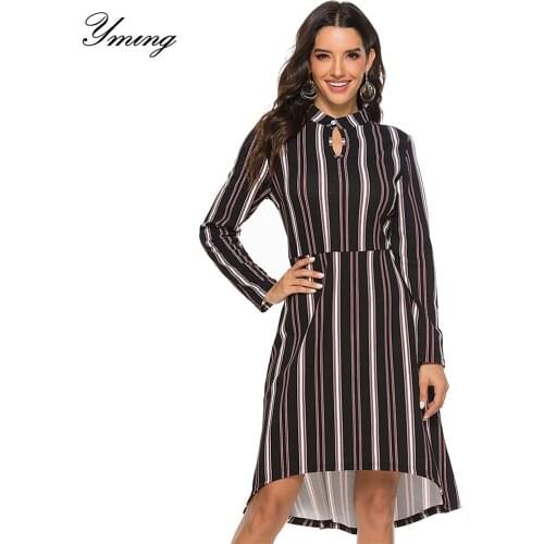 YMING Women Striped Print Dress Long Sleeve Ladies Casual Big Pendulum Midi Dresses Fashion Beach Vestidos