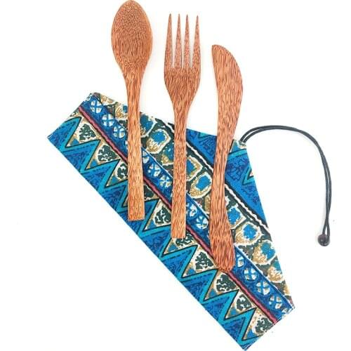 3pcs Natural Coconut Cutlery set Knife Spoon Fork Eco Friendly wooden tableware set Portable Organic Coconut Handcraft Woode