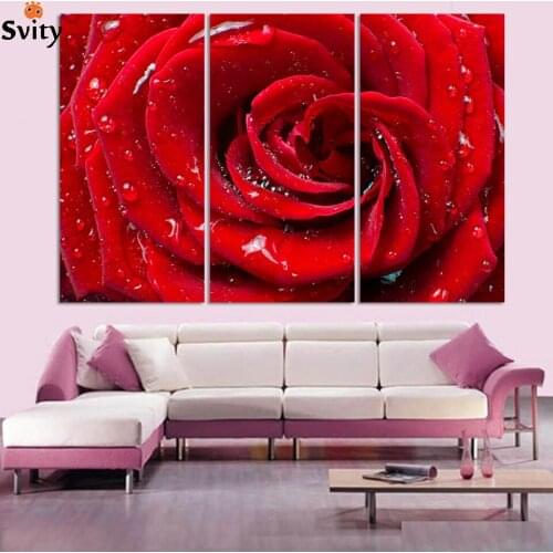 3 piece wall pictures for wedding living room canvas painting art prints decoracion Red Rose water flower modern home No Frames