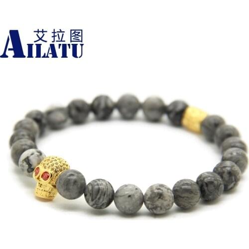 Ailatu 8mm Grey Picture Stone Beads Micro Inlay Zircon Fashion Skull Bracelet for Men Pulseira Hombres